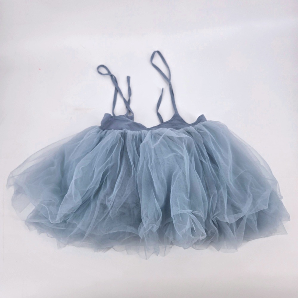 ReadySmileGo Blue Linen Cotton Tulle Fluffy Tutu Dress Adjustable Straps 2T